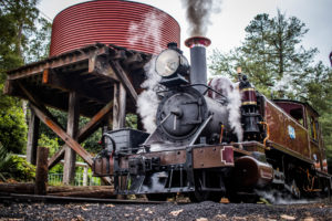 A Puffing Billy Locomotive next to a water tank.