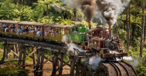 A train hauled by two steam locomotives travels over a trestle bridge surrounded by green ferns and eucalyptus trees. The carriages are open sided and many of the passengers onboard are sitting on the carriage sills - a unique part of the Puffing Billy experience.