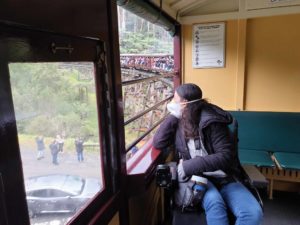 Young woman in a motorised wheelchair sits in one of Puffing Billy's accessible open side carriages. The train is travelling over a trestle bridge and green ferns can be seen outside. The young woman has warm clothes on and is wearing a face mask, and it looking out at the scenery.