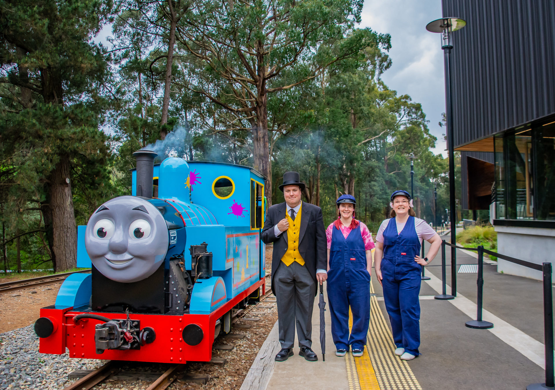 Thomas, Sir Topham Hatt and friends poses for a photo outside Puffing Billy's Lakeside Visitor Centre