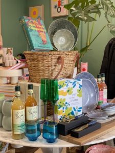 A table with a variety of goods displayed.
