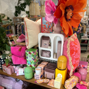 A table with a variety of goods displayed.