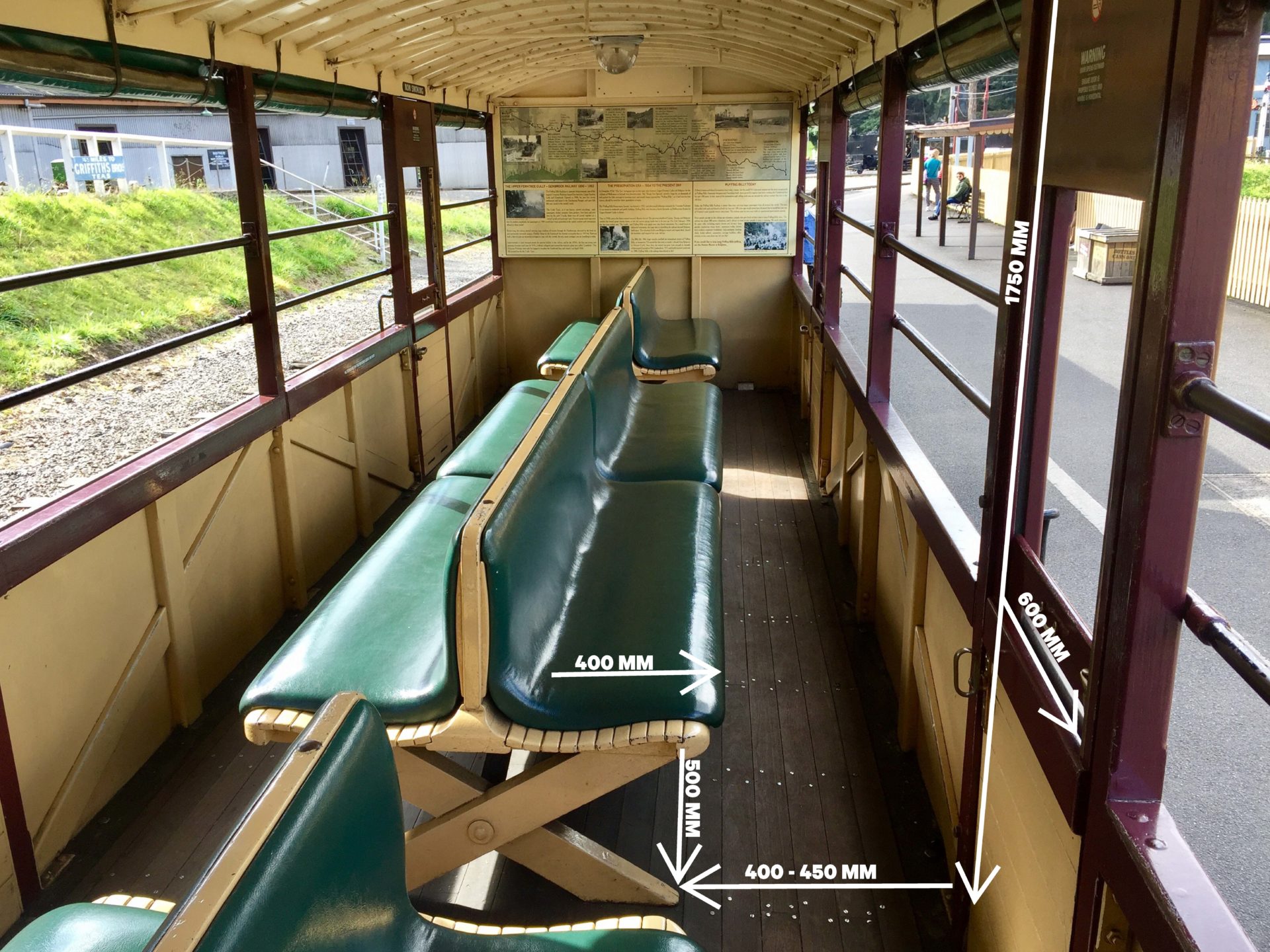 Photo showing internal carriage dimensions. Read below for a list of bullet points outlining the dimensions.