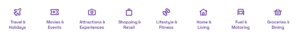 Cliqit rewards categories: Travel and holidays, movies and eateries, attractions and experiences, shopping and retail, home and living, lifestyle and fitness, fuel and motoring, groceries and dining.