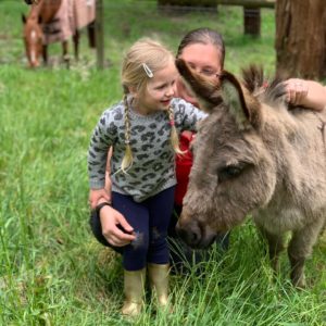 A young girl has a cuddle with a miniature donkey. A woman can be seen in the background, sitting next to the girl. Bright green grass surround them and a horse can be seen grazing in the distance.