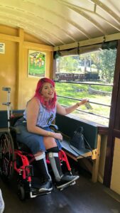 Wheelchair user onboard excursion train carriage. The person's wheelchair is positioned alongside the carriage open side window to provide a great vantage point for the journey.