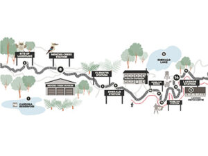Map showing Puffing Billy's journey with points of interest between Menzies Creek and Lakeside station. Full details can be found in the copy below.