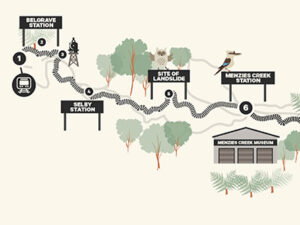 Map showing Puffing Billy's journey with points of interest between Belgrave and Menzies Creek station. Full details can be found in the copy below.