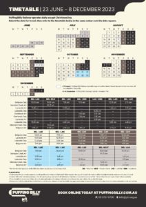 Puffing Billy Railway Timetable for 23 June to 8 December 2023.