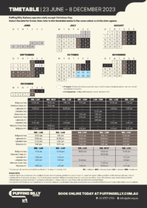 Puffing Billy Railway Timetable for 23 June to 8 December 2023.