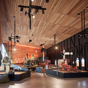 The Lakeside Hall Museum, located within the Puffing Billy Lakeside Visitor Centre. Puffing Billy's original locomotive 3A can be seen sitting on a plinth, as can a variety of other historic assets and interpretive displays.