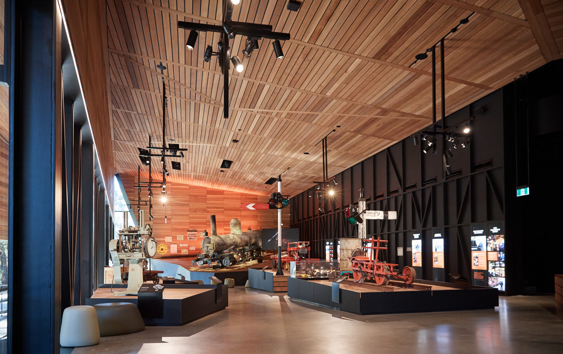 The Lakeside Hall Museum, located within the Puffing Billy Lakeside Visitor Centre. Puffing Billy's original locomotive 3A can be seen sitting on a plinth, as can a variety of other historic assets and interpretive displays.
