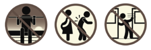 Icons showing the rules around sitting on Puffing Billy's carriage sills, as outlined in the bullet points above.