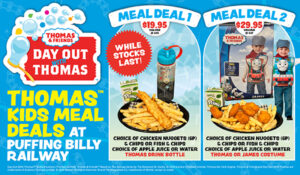 Two kids meal deals are available for pre-order. The graphic shows the meals, juice box, Thomas water bottle and Thomas / James costume available. The full details of the promotion is listed in the table below.