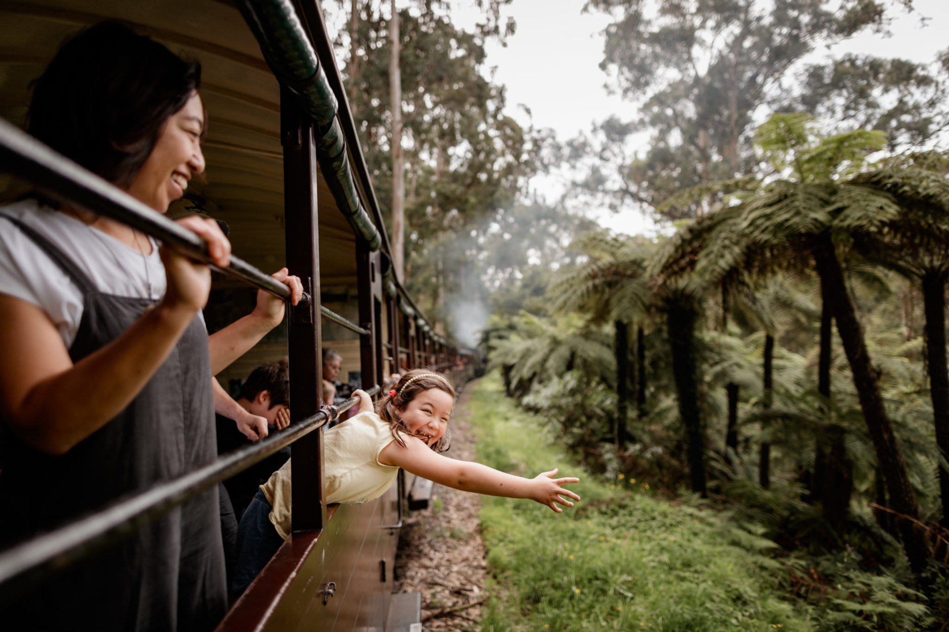 Young girl stretching her hand out of the Puffing Billy carriage to feel the breeze