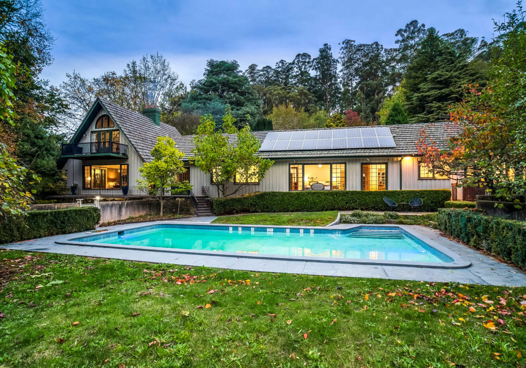 Heavenly Holidays' Sherbrooke Manor viewed from the garden, with the swimming pool at centre.