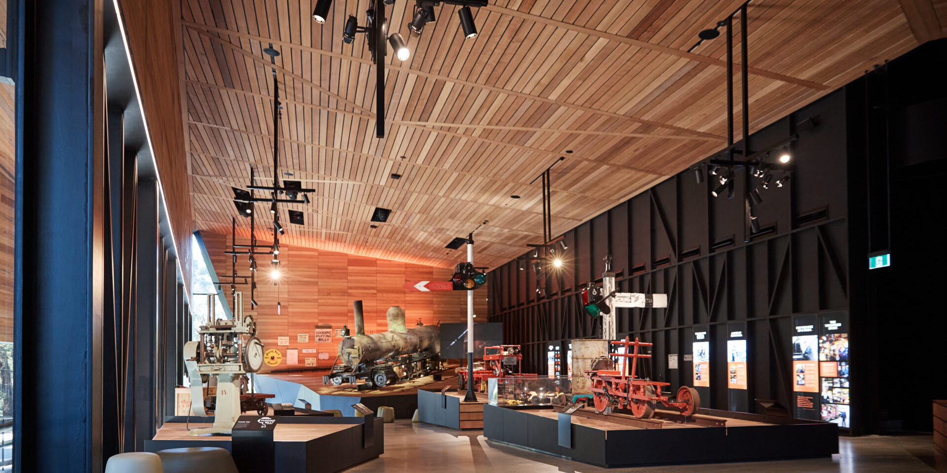 The Lakeside Hall Museum, located within the Puffing Billy Lakeside Visitor Centre. Puffing Billy's original locomotive 3A can be seen sitting on a plinth, as can a variety of other historic assets and interpretive displays.