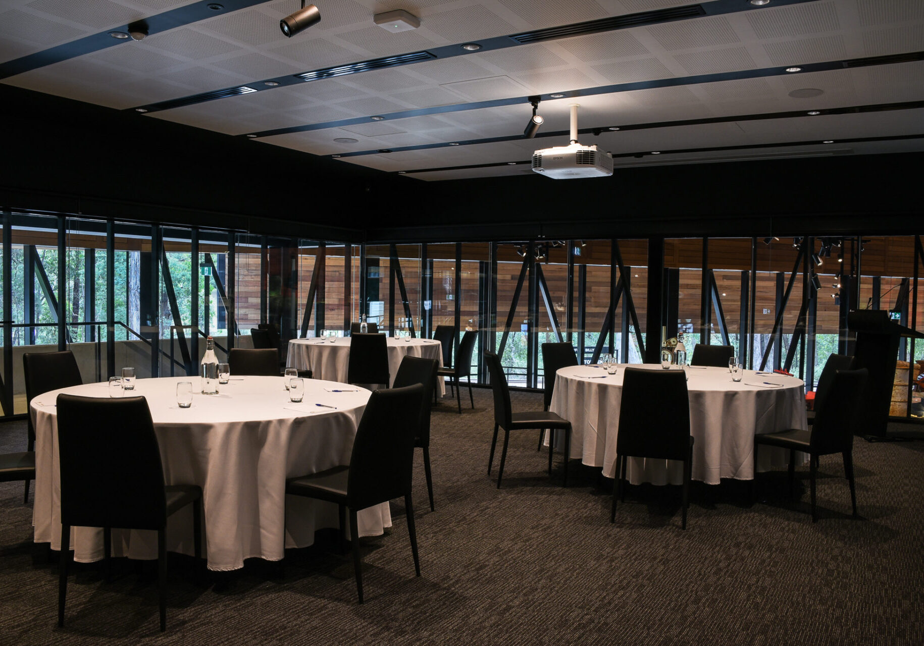 Lakeside Visitor Centre's Multipurpose Room. The view of the adjacent Lakeside Hall can be seen thorough the panoramic windows.